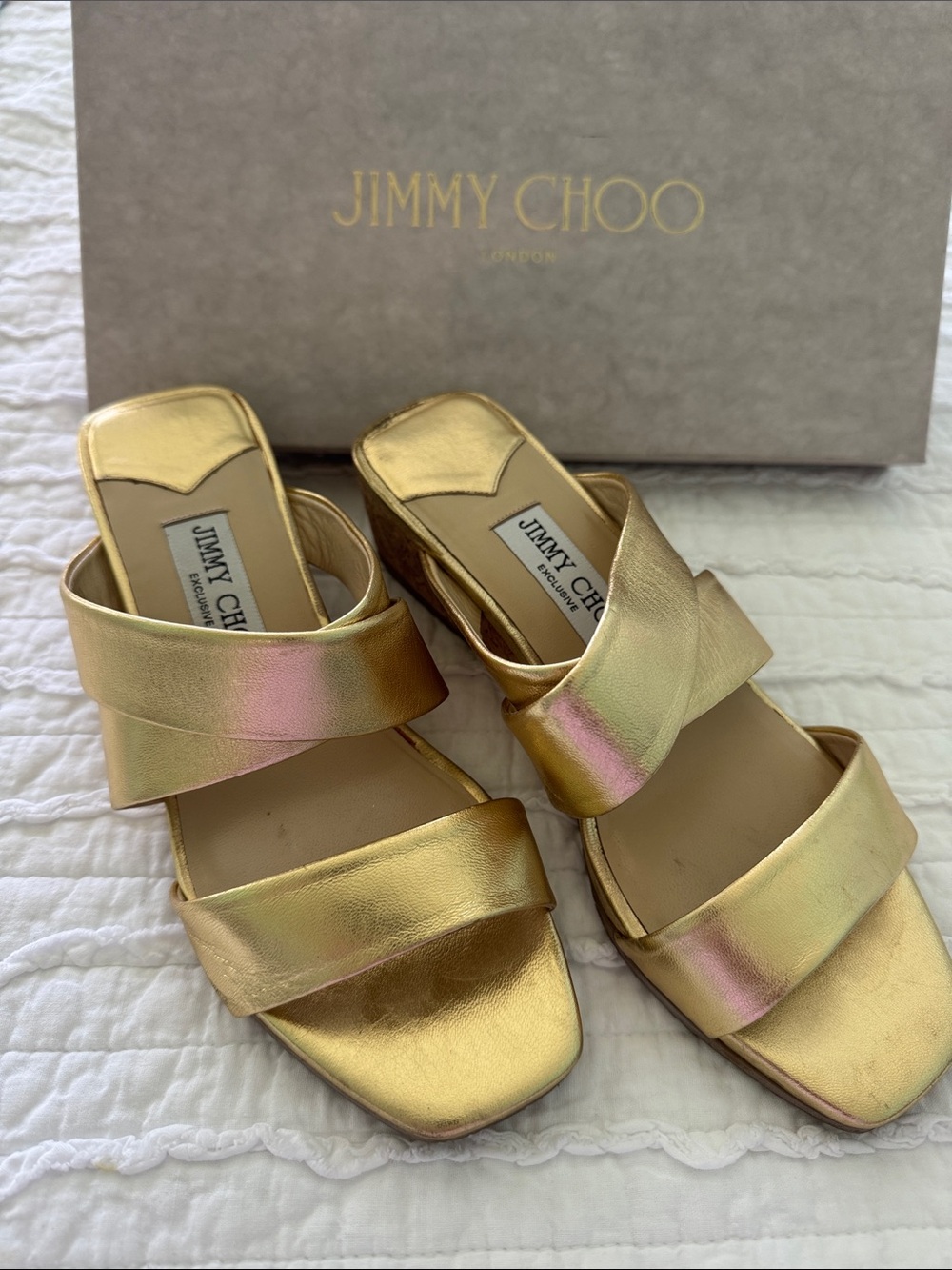 Jimmy Choo Gold Iridescent Double-Strap Slide Mules